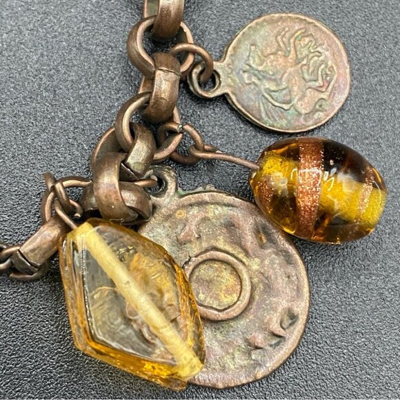 Vintage Etruscan Revival Antiqued Bronze Coin and Amber Glass Charm Bracelet 8in - Picture 9 of 9